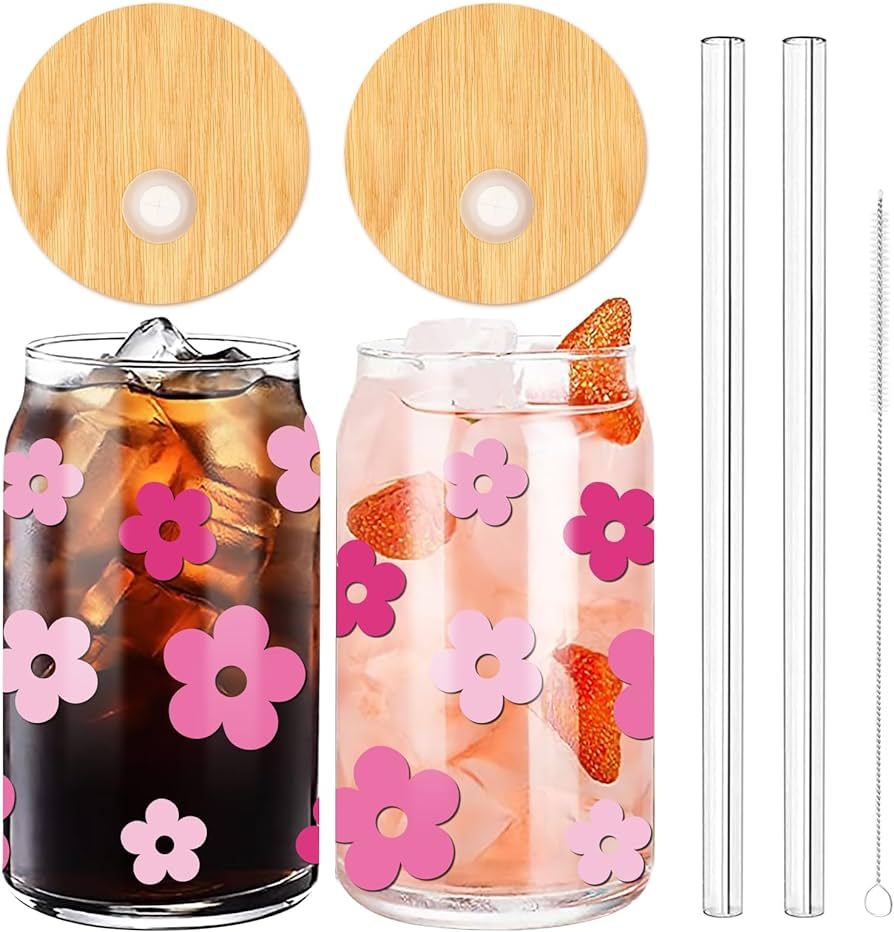 Whaline 2Pcs Retro Boho Flower Drinking Glasses with Bamboo Lids and Straw 16oz Pink Purple Daisy... | Amazon (US)