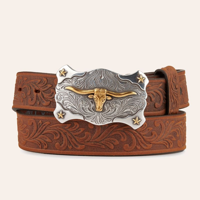 Tony Lama Kids' Aged Brown with Texas Longhorn Buckle Tooled Belt | Cavender's