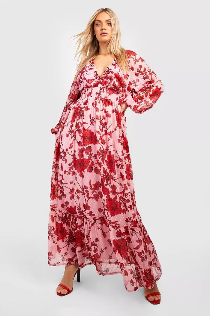 Plus Floral Dobby Mesh Shirred Waist Maxi Dress | boohoo (US & Canada)
