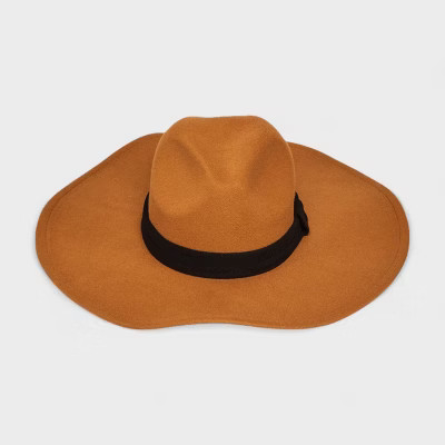 French Connection Women's Faux Suede Fedora Hat for Women - Wide Brim Fedora with Black Ribbon Band - Tan | Target