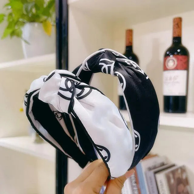 Black White Fashion Brand Designer Letters Print Wide Edge Wrinkle Headbands Korean Retro Women G... | DHGate