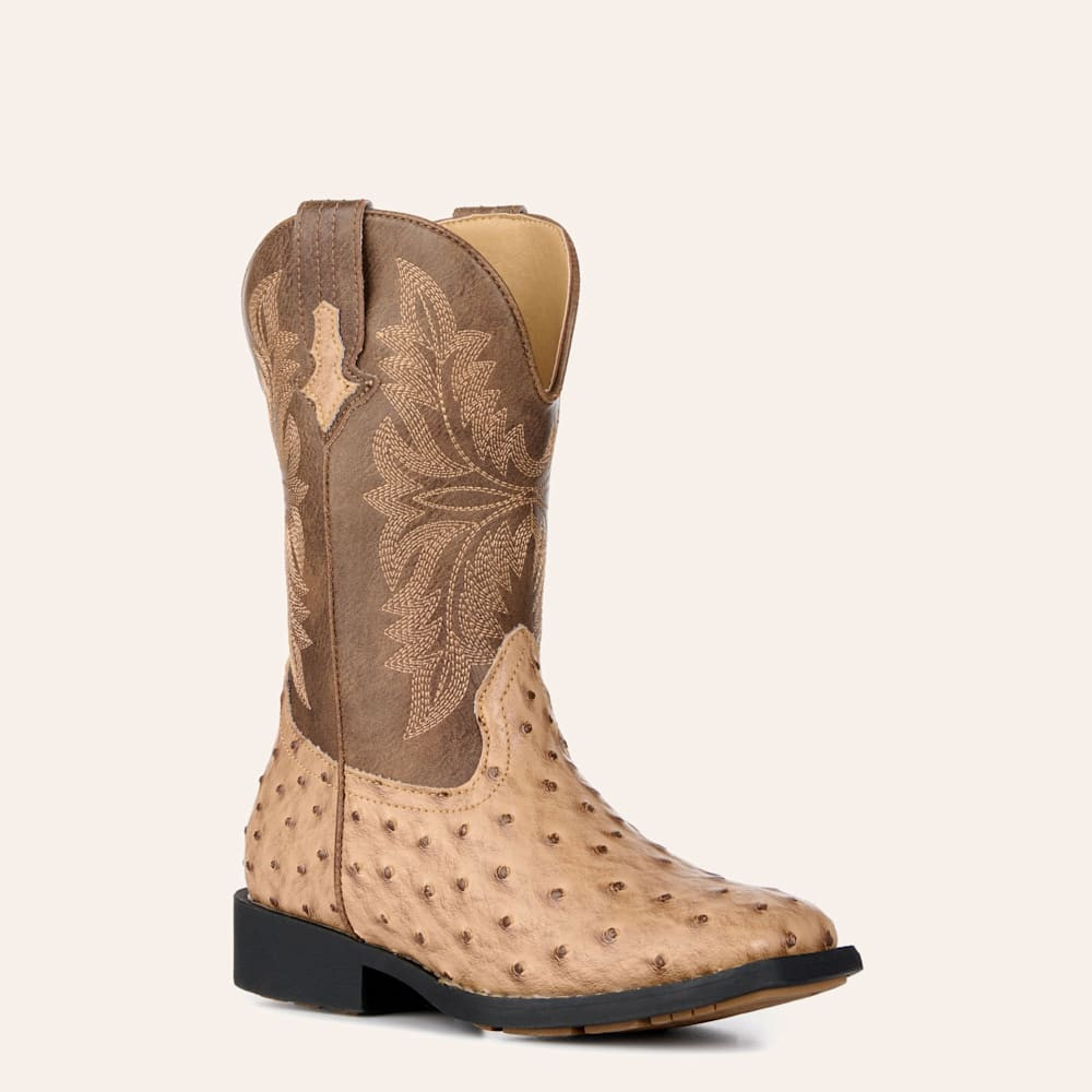 Roper Youth Jed Brown and Tan Ostrich Print Faux Leather Square Toe Boots | Cavender's