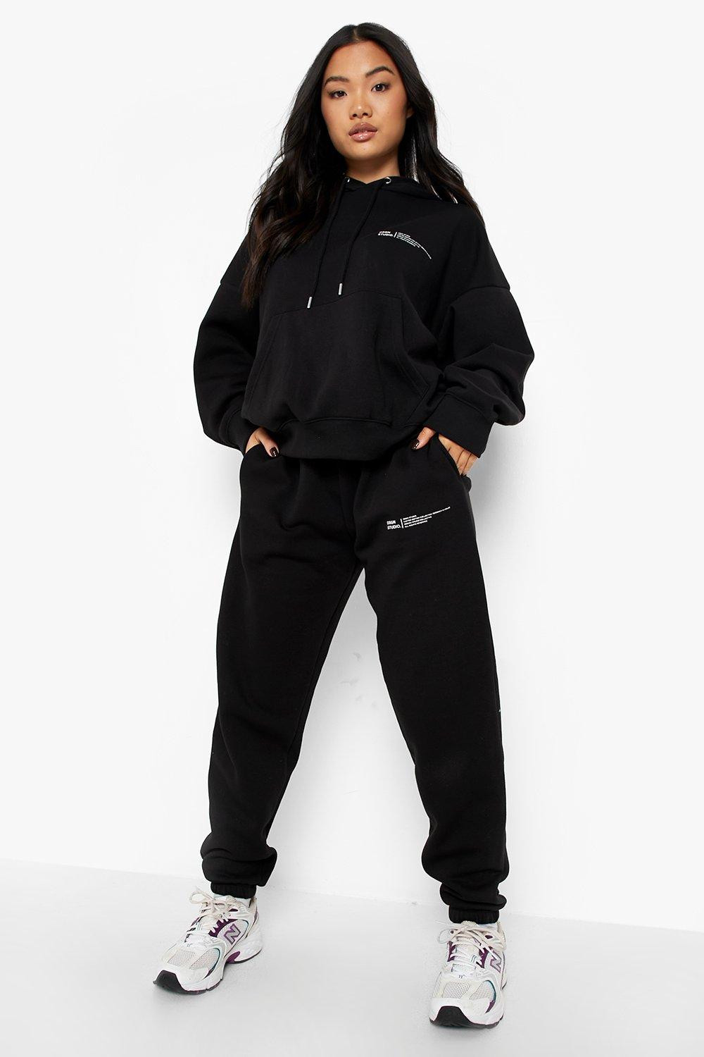 Womens Petite Dsgn Studio Text Print Hoody Tracksuit - Black - S | Boohoo.com (US & CA)