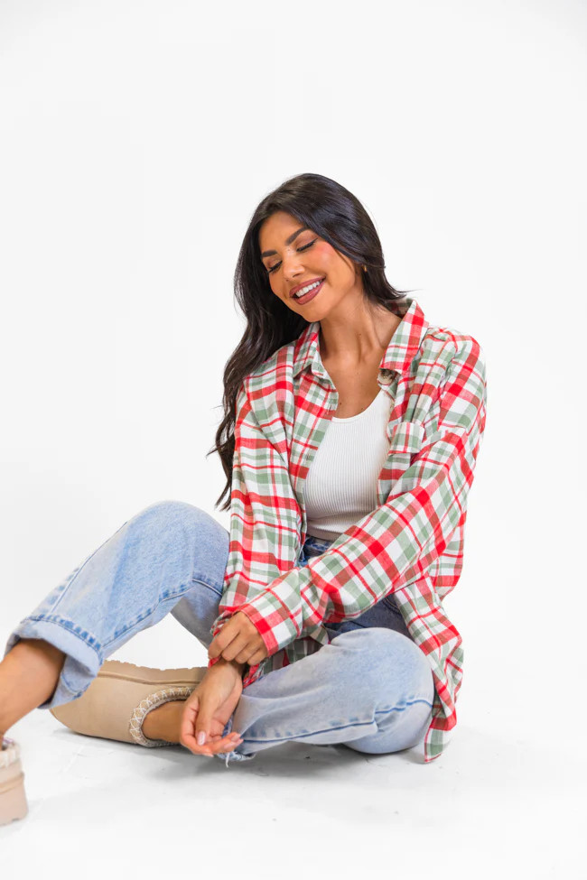 Made Me Realize Ivory, Red, and Green Plaid Oversized Button Front Shirt | Pink Lily
