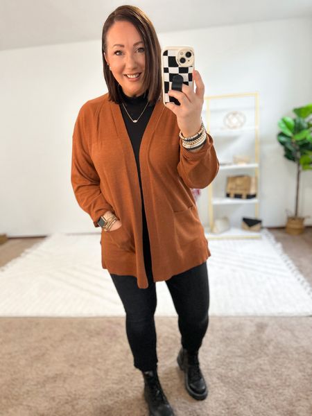 Lightweight open front cardigans from Walmart are back!  Lots of colors to choose from too. Size large fits perfectly. Just go with your normal size. XL mock neck tank. Size 14 curvy skinny jeans. Size up half a size in the boots. 

#LTKfindsunder50 #LTKmidsize #LTKSeasonal