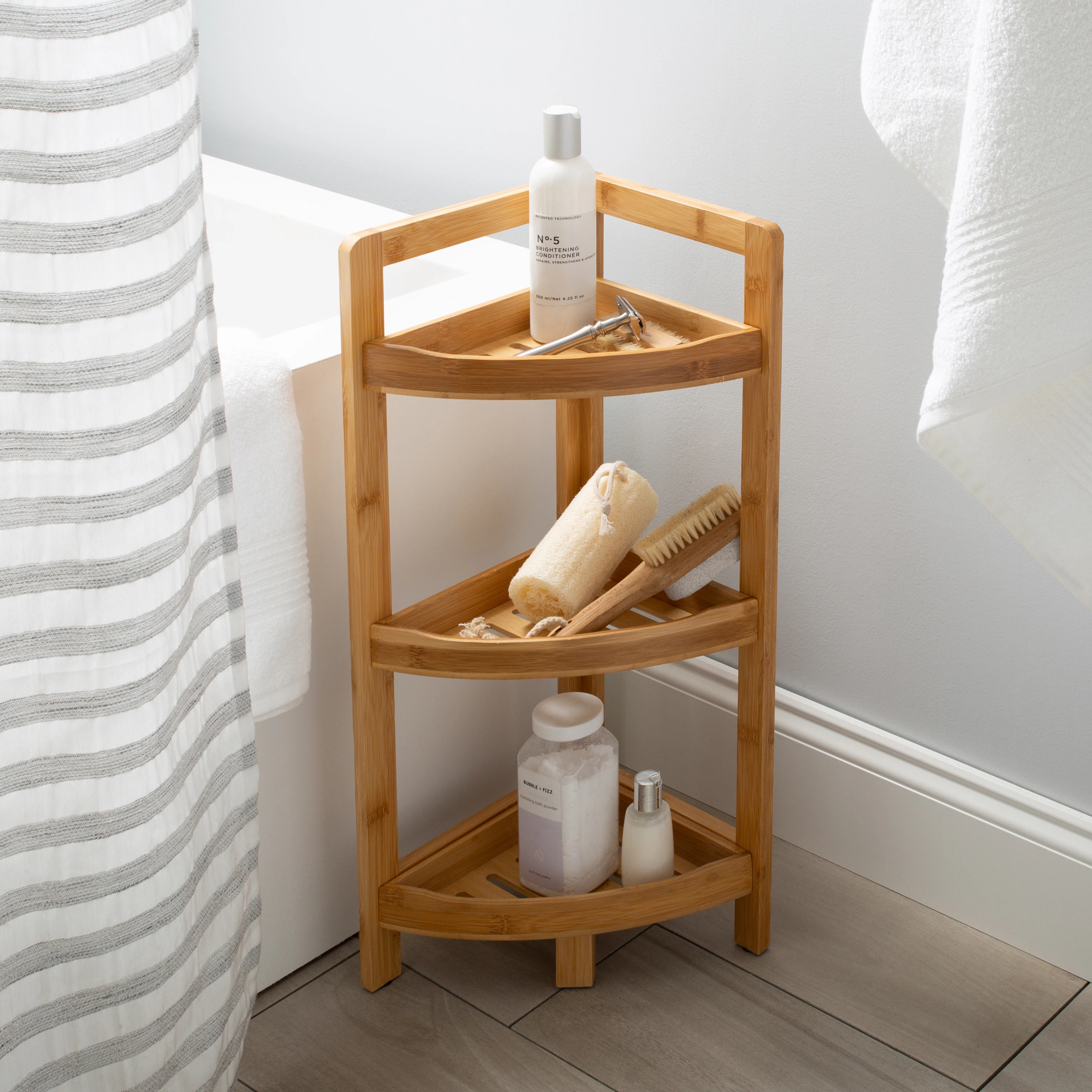 Organize It All Natural Brown 3.0 -Tier Wood Freestanding Corner Bathroom Shelf ( 9.12-in x 24.62-in x 9.12-in ) | NH-29973W1P | Lowe's