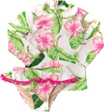 Shade Critters Kids' Bontanical Leopard Long Sleeve Two-PIece Rashguard Swimsuit | Nordstromrack | Nordstrom Rack