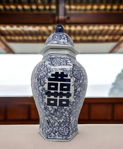 14" Classic Blue and White Porcelain Floral Temple Ginger Jar Vase, China Ming Style, Double Happiness, Chinoiserie Vase, Hexagonal Jar | Amazon (US)