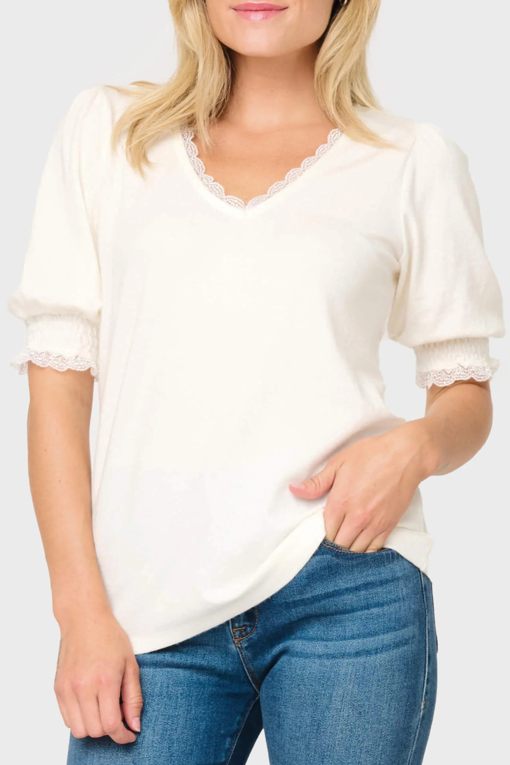 Lace Trim V-Neck Luxe Sweater Top | Gibsonlook
