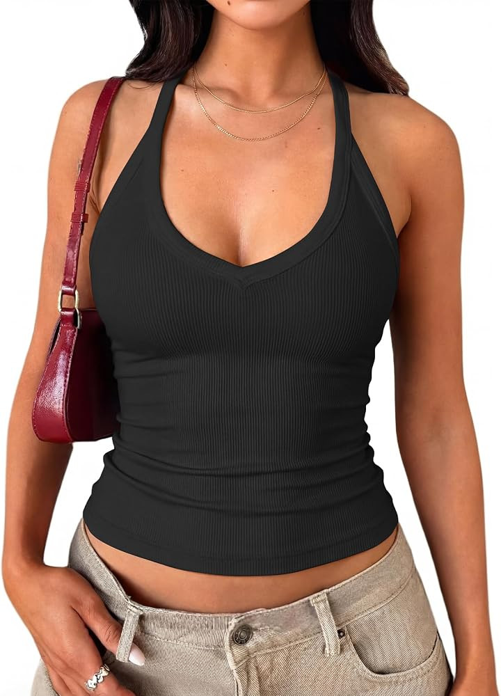 Women's Built-in Bra Tank Tops Racerback V Neck Cotton Ribbed Shirts | Amazon (US)