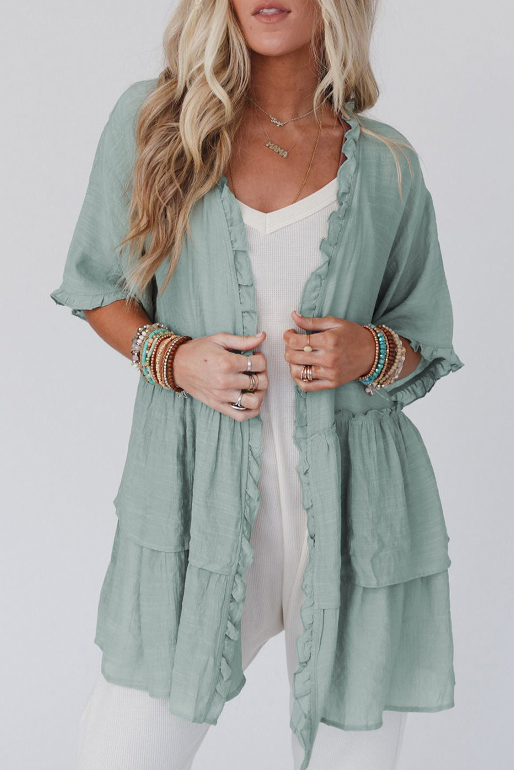 Green Ruffled Trim Short Sleeve Open Front Kimono | Shewin