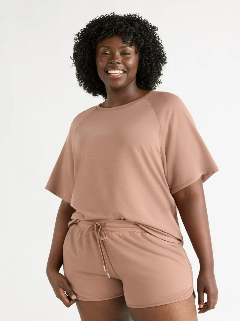 Joyspun Women's French Terry Short Sleeve Top and Shorts Pajama Set, 2-Piece, Sizes XS-3X | Walmart (US)