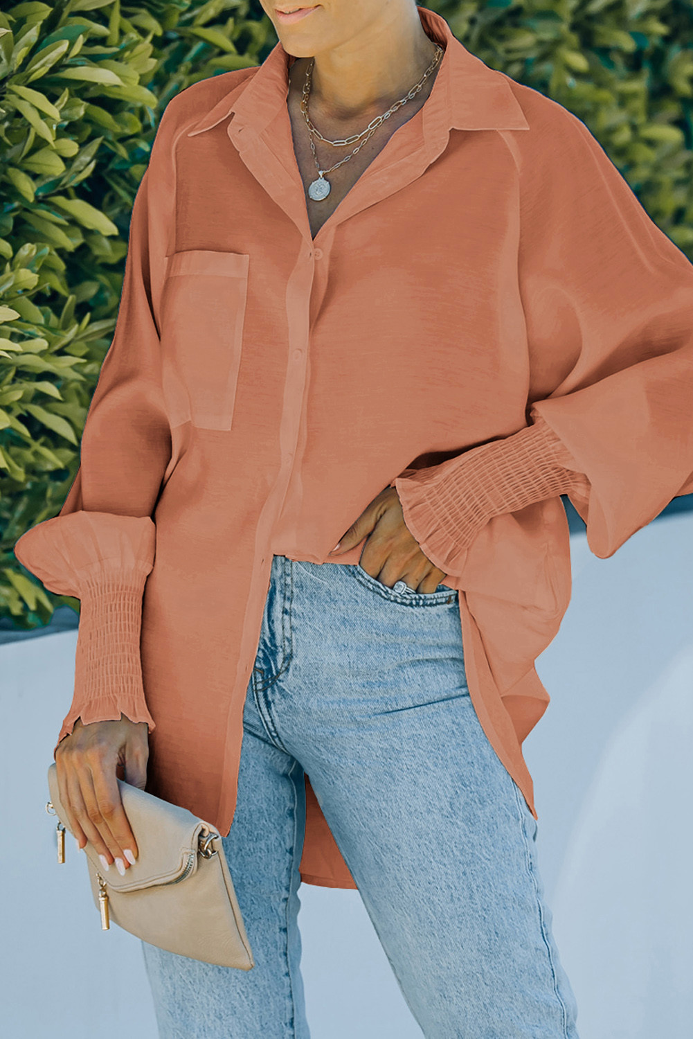 Orange Billowy Sleeves Pocketed Shirt | Evaless