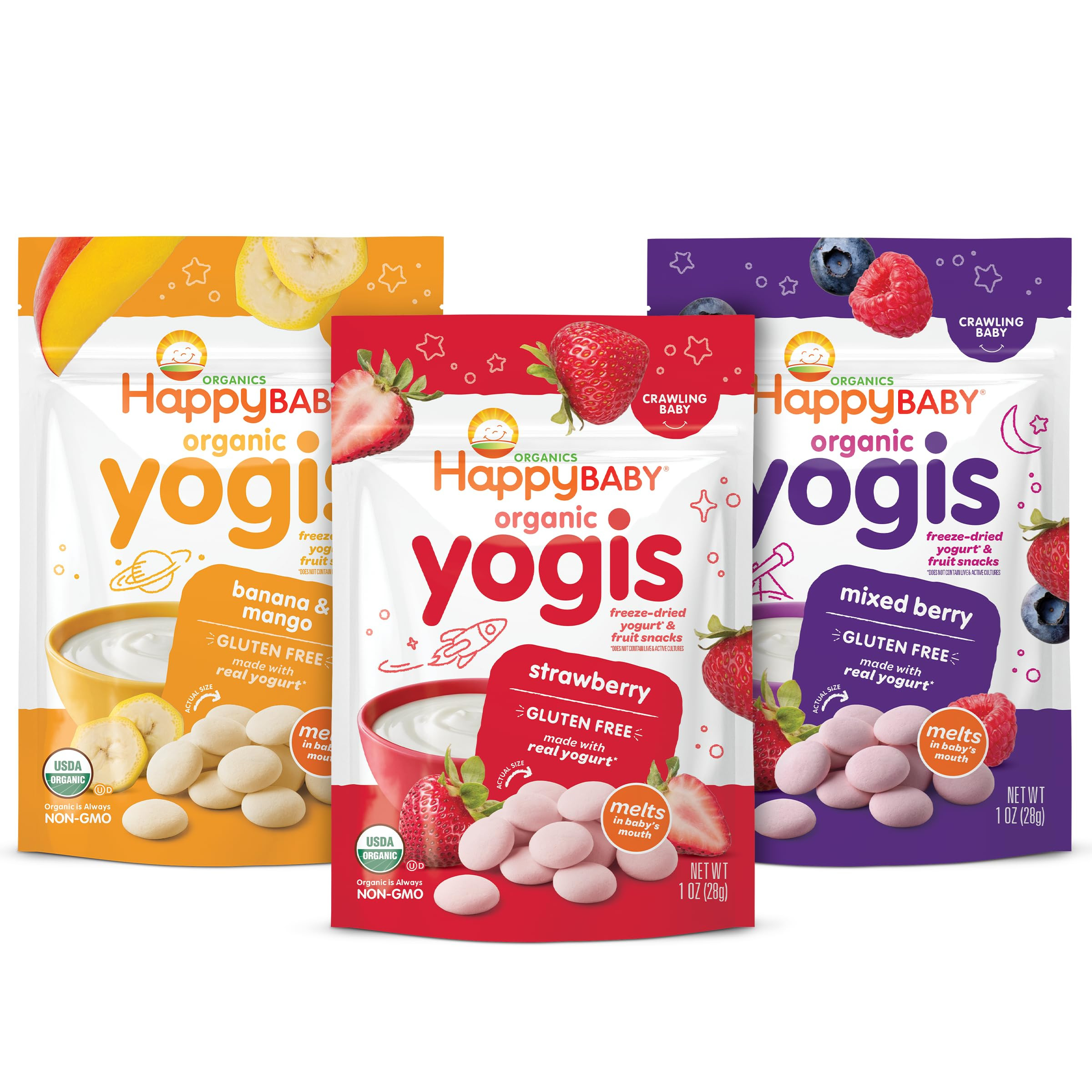 Happy Baby Organics Yogis Freeze-Dried Yogurt & Fruit Snacks, 3 Flavor Variety Pack, 1 Ounce (Pac... | Amazon (US)