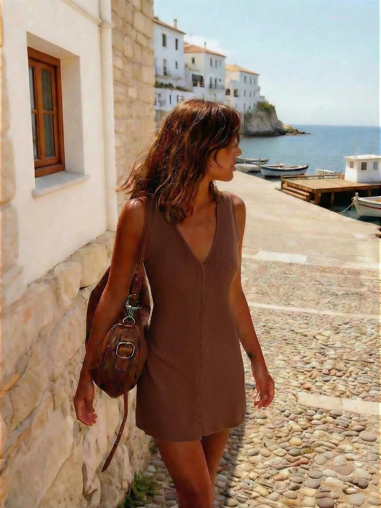 FOR BEAUTY Women's New Coffe Solid Color Knit Dress,Casual Vacation Style, Suitable For Daily Com... | SHEIN