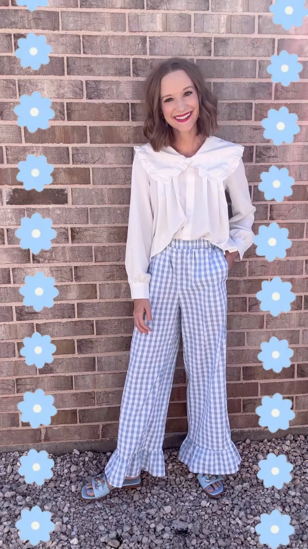 Blue plaid ruffle pants / Peter Pan collar / tote bag 