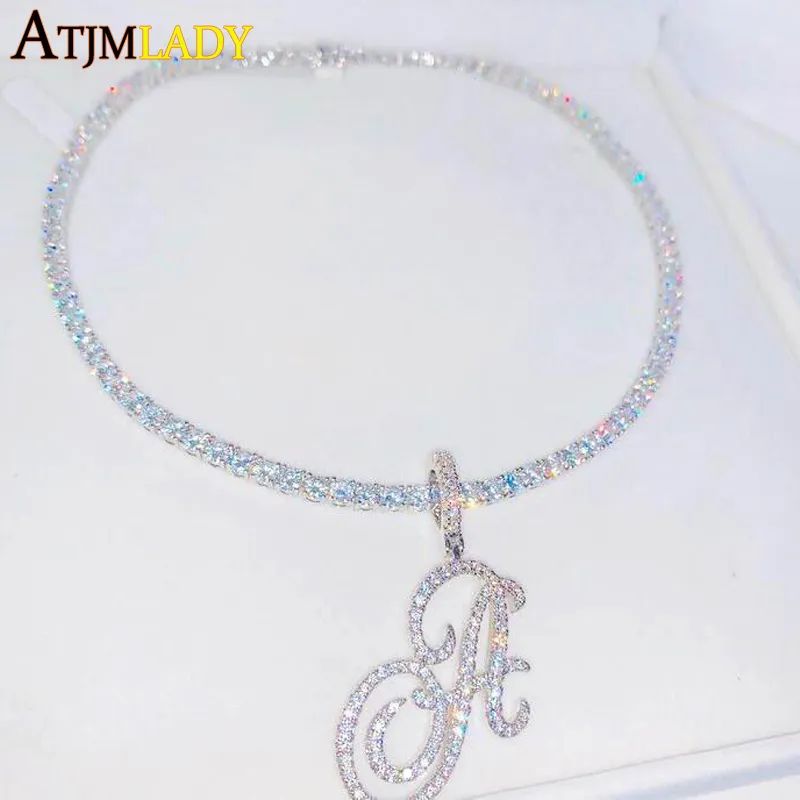 2023 New A-Z Cursive Letters Name Pendant Necklace Iced Out Bling 5A Cubic Zircon CZ Silver Color... | AliExpress (US)