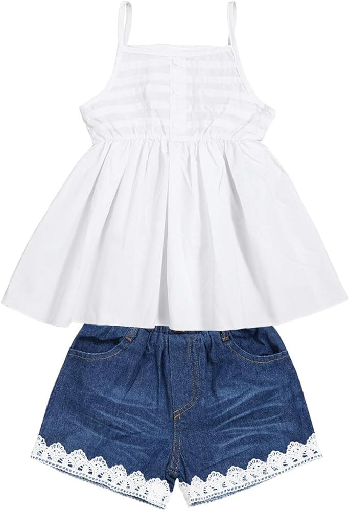 2pcs Toddler Girl Clothes T-Shirt Dress+Jeans Shorts Baby Girls Outfits Set | Amazon (US)