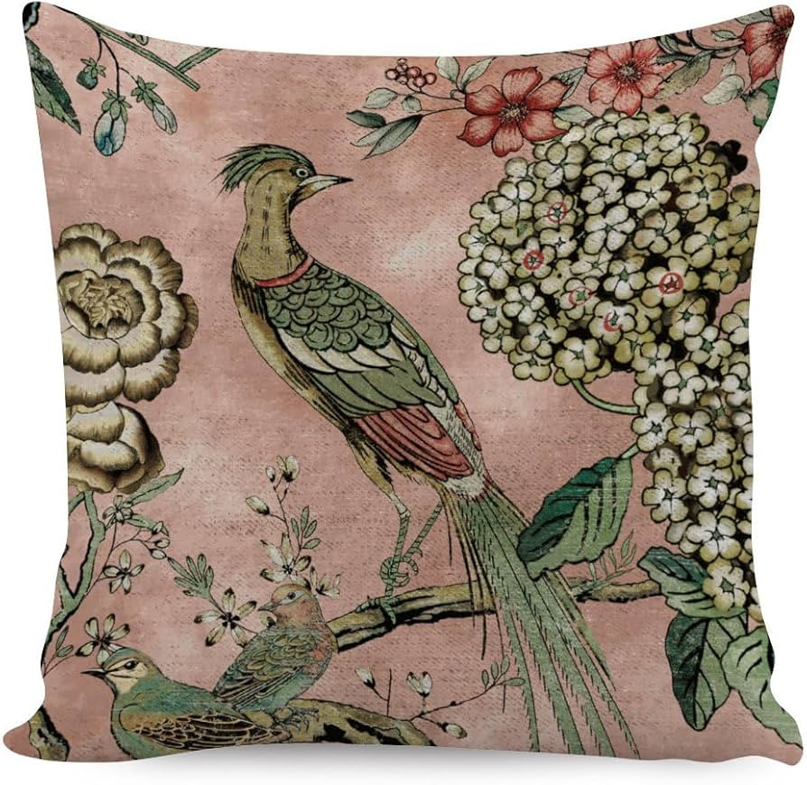 ArogGeld Blush Cushion Cover Chinoiserie Pillow Animal Vintage Bird Flower Asian Throw Pillow Cov... | Amazon (US)