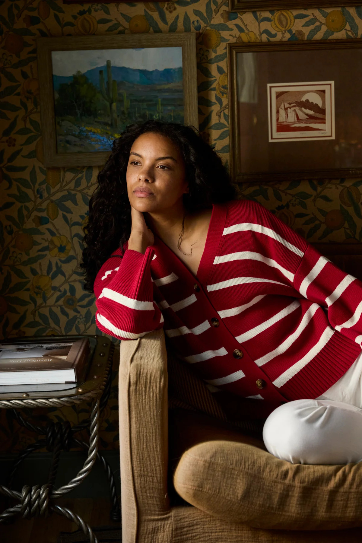 Nora Cardigan in Ivory Crimson Inverse Stripe | Lake Pajamas