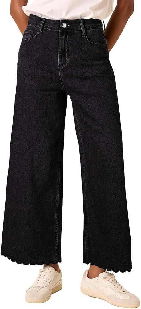 Astylish Womens High Waisted Jeans Stretchy Wide Straight Leg Loose Trendy Scalloped Hem Denim Pa... | Amazon (US)