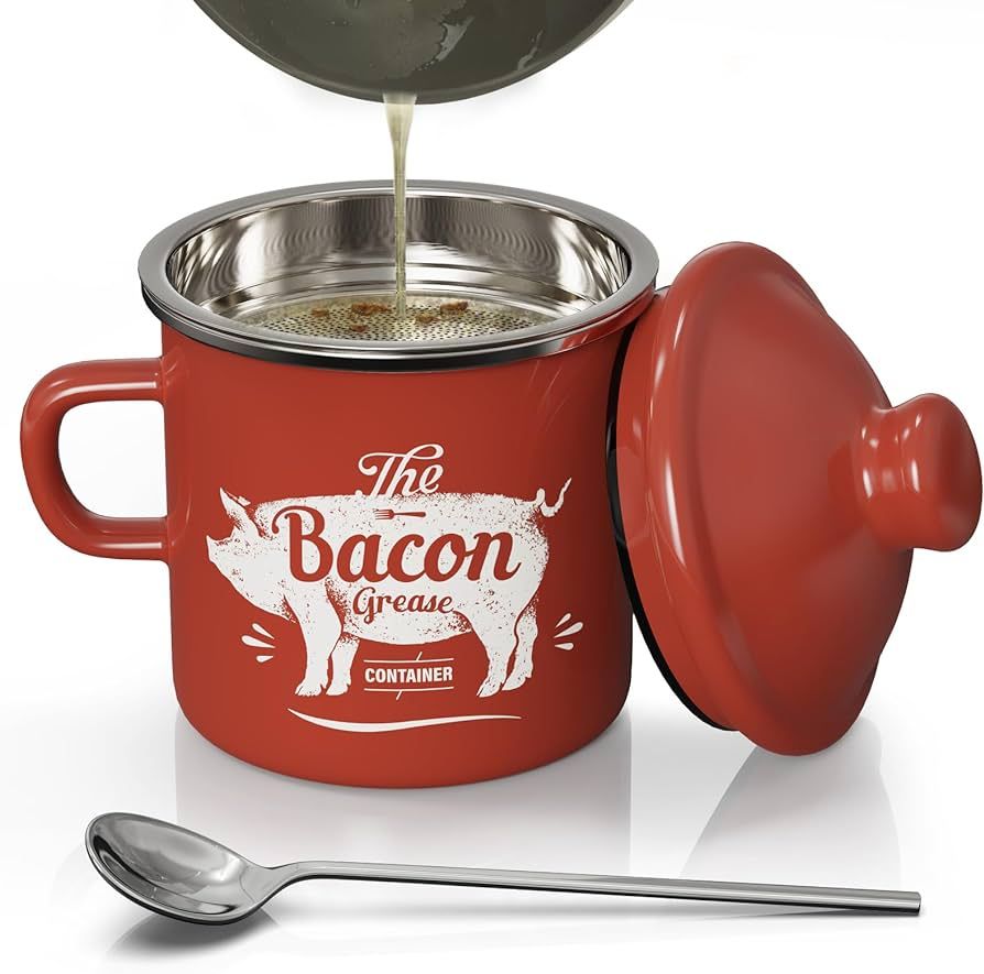 PGYARD Mini Bacon Grease Container With Strainer - 15OZ Enamel Grease Saver, Farmhouse Bacon Grea... | Amazon (US)