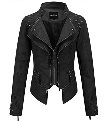 chouyatou Women's Fashion Snake Pattern Print Studded Moto Pu Leather Biker Jacket (Small, Denim Black) | Amazon (US)