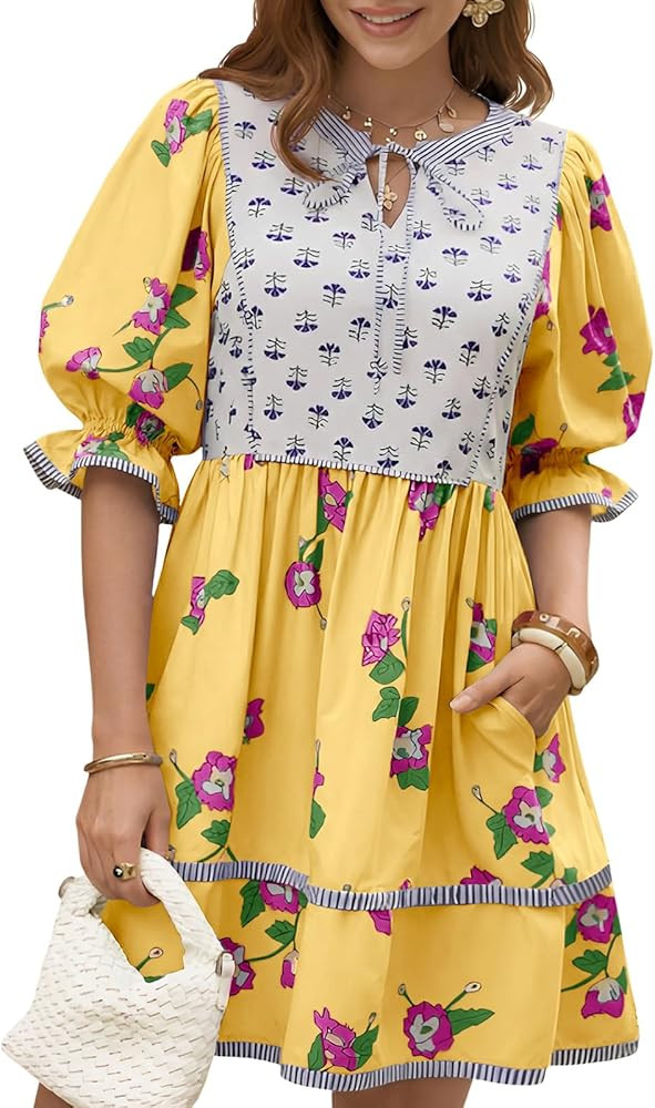 Wenrine Womens Casual Floral Mini Dress Summer Puff Short Sleeve Tie Front V Neck Patchwork Loose... | Amazon (US)