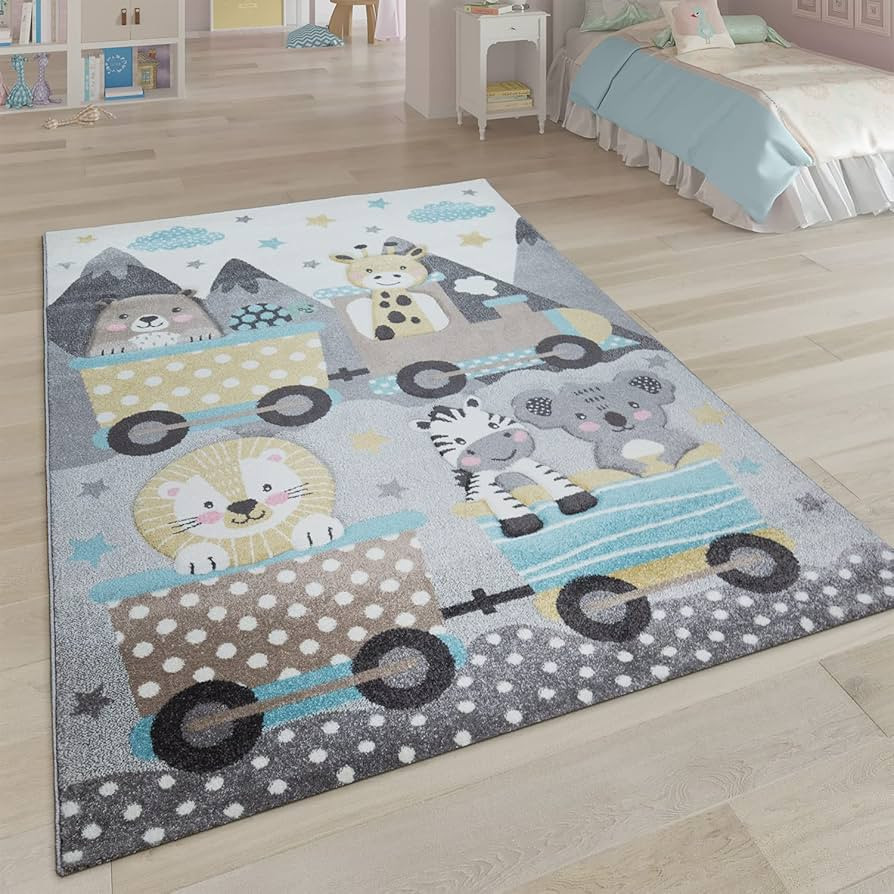 Paco Home Kids Rug Cute Animals on a Train Ride in Grey Pastel, Size: 3'11" x 5'7" | Amazon (US)