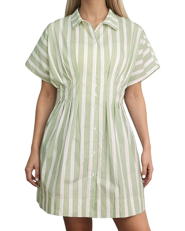 Women Button Down Pleated Shirt Dress Summer Short Sleeve Blouse Striped Print Corset Mini Dresse... | Amazon (US)