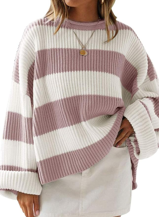 ZESICA Women's Long Sleeve Crew Neck Striped Color Block Comfy Loose Oversized Knitted Pullover S... | Amazon (US)