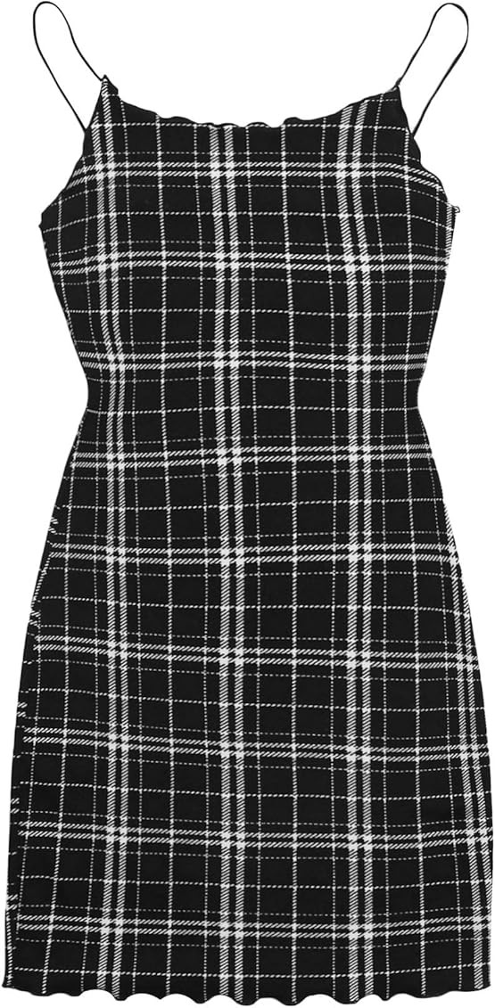 SheIn Women's Plaid Frill Trim Sleeveless Strappy Bodycon Cami Short Pencil Dress | Amazon (US)