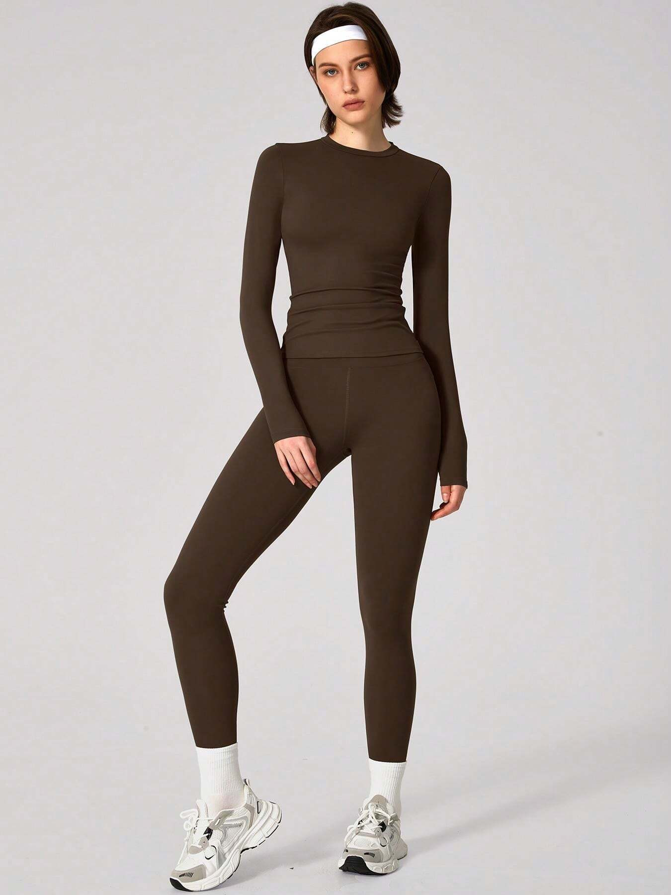 Women's Solid Color Casual Sports Top And Pants Set, Suitable For Daily Yoga And Workout | SHEIN