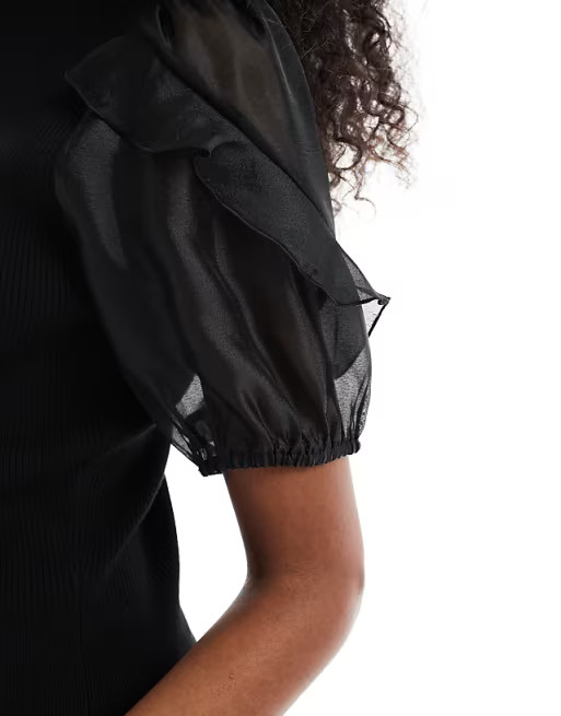 French Connection Kristine knit top with organza sleeves in black | ASOS (Global)