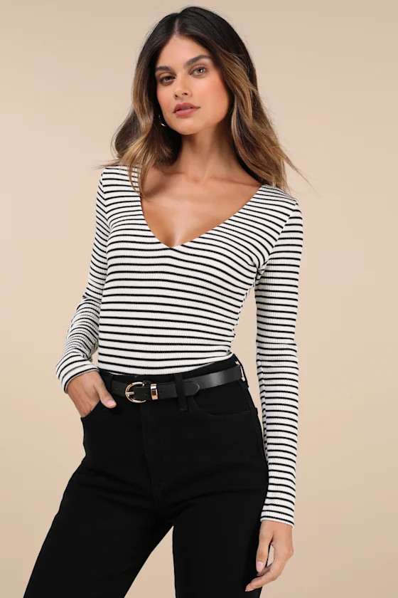 Easygoing Chic Ivory and Black Striped Long Sleeve Bodysuit | Lulus