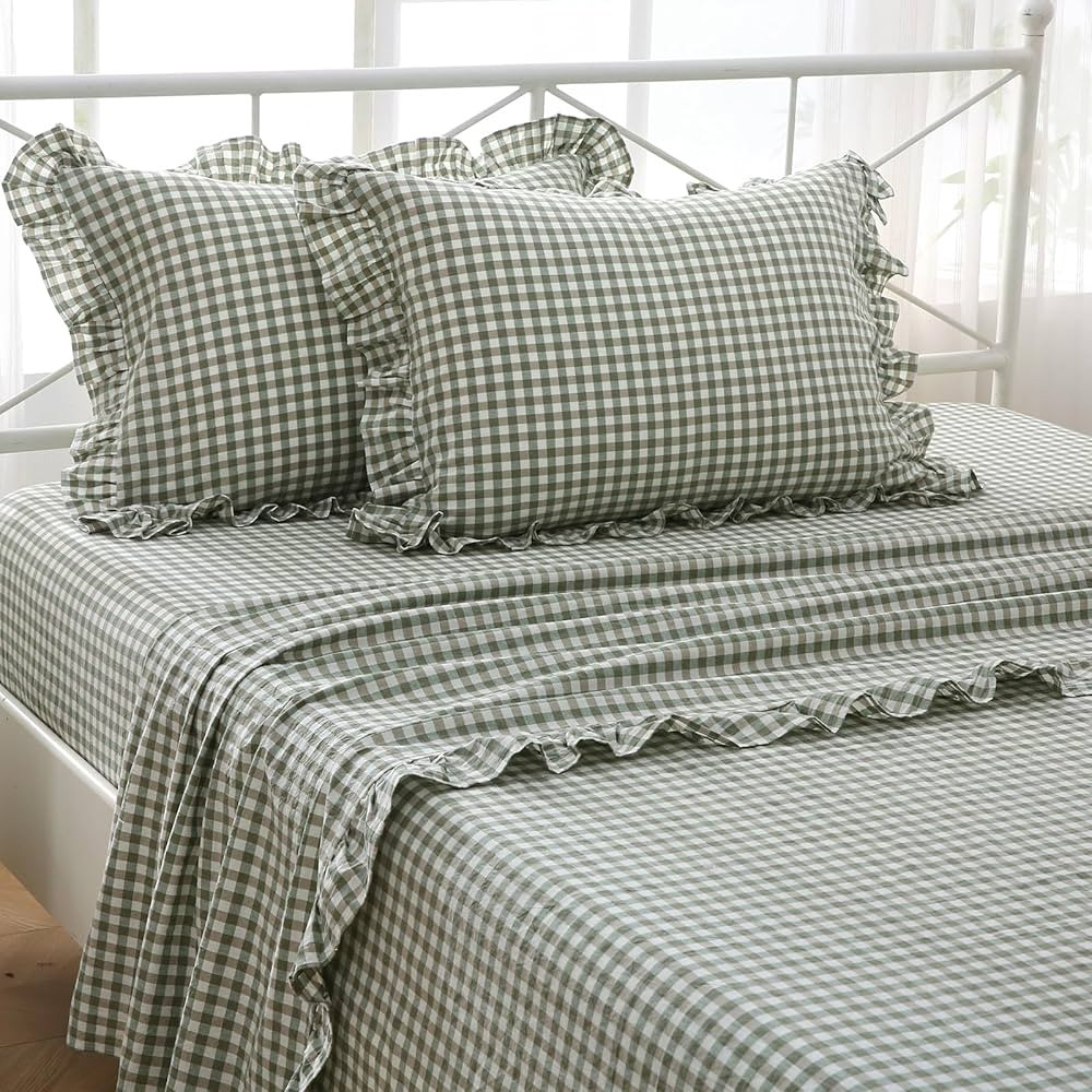 Sage Green White Plaid Ruffle Gingham Sheets Queen Size 4-Piece Set, 300TC 100% Yarn Dyed Cotton ... | Amazon (CA)