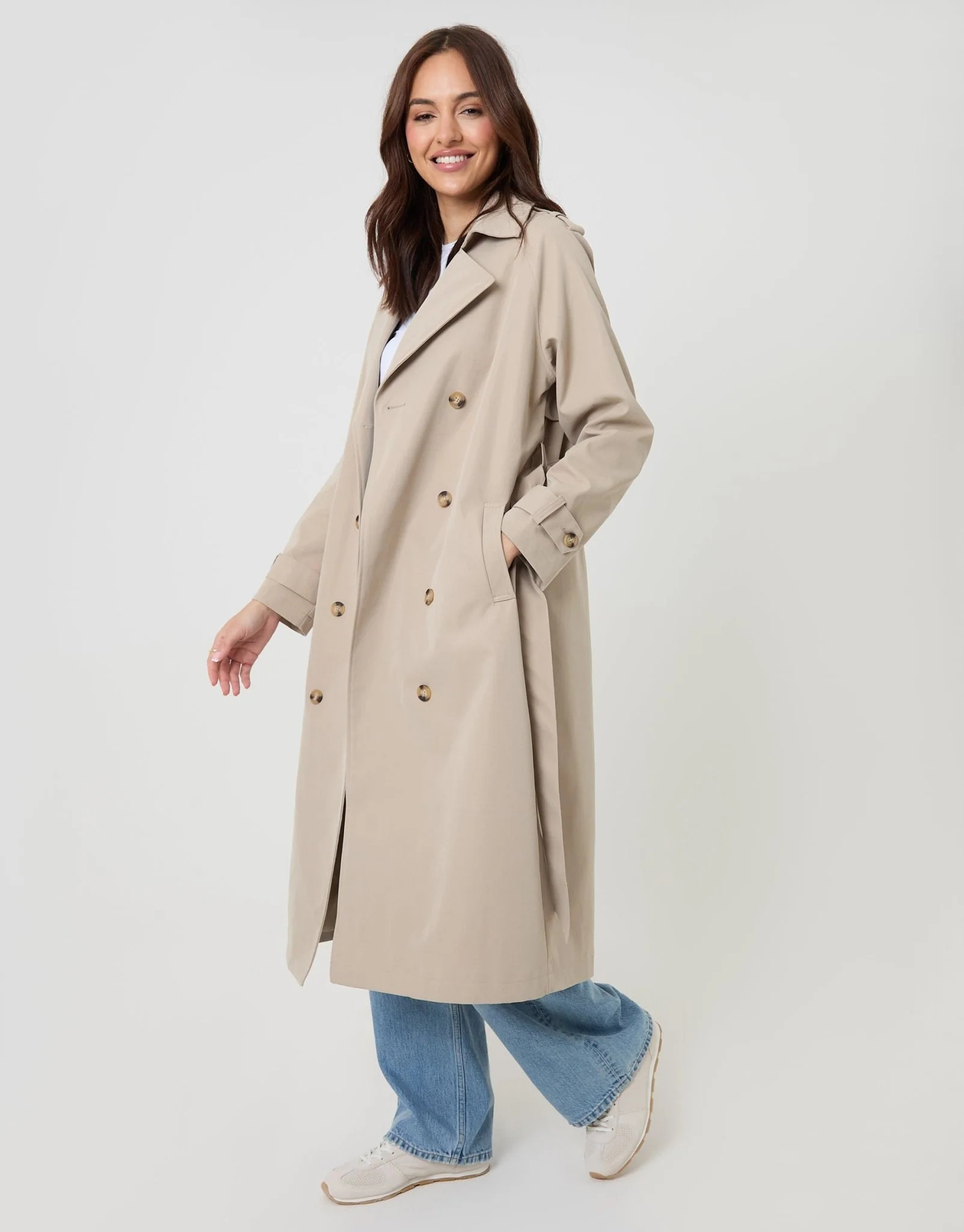 Double Breasted Longline Trench Coat in Stone | Threadbare UK