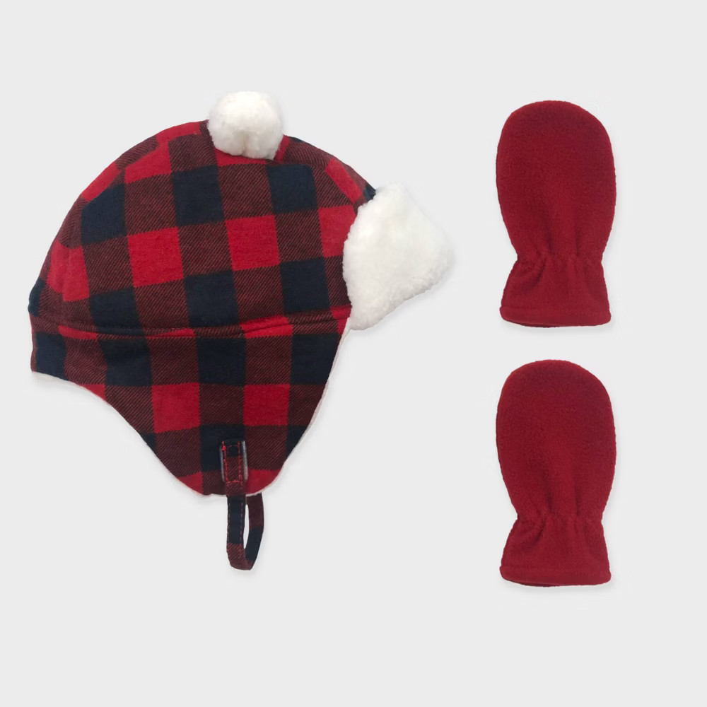 Baby Boys' Buffalo Plaid Trapper and Fleece Mittens Set - Cat & Jack™ | Target