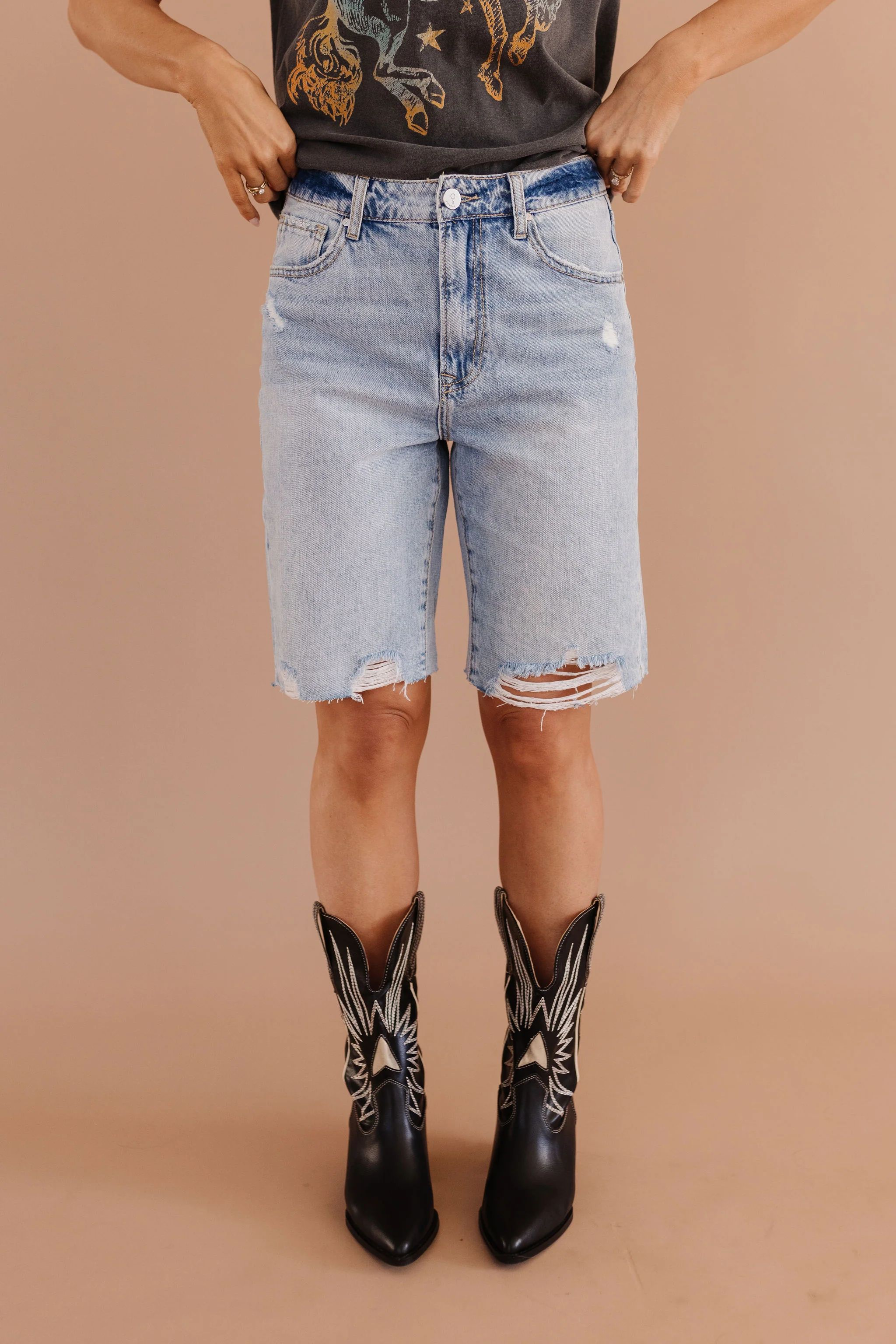 THE LILO HIGH RISE DISTRESSED BERMUDA SHORTS IN MEDIUM WASH | Pink Desert