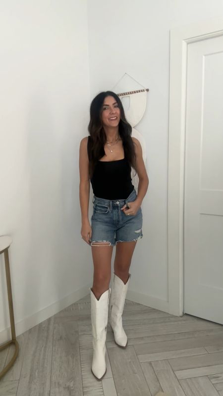 Country concert outfit idea! Perfect for a date night or girls night out in Nashville. Black square neck bodysuit and jean shorts with tall white cowboy boots  

#LTKFindsUnder50 #LTKStyleTip #LTKFindsUnder100
