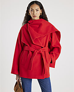 Red Wool Blend Mid Length Scarf Coat | River Island UK & IE