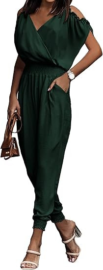 PRETTYGARDEN Jumpsuit for Women Casual Wrap V Neck Cold Shoulder One Piece Outfits Pants Romper | Amazon (US)