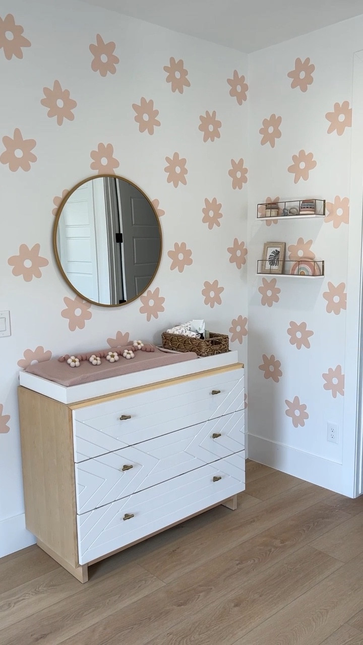 Before and after baby girl nursery. Boho daisy wallpaper/ wall decals/ boho nursery/ urban walls 

#LTKbaby #LTKhome