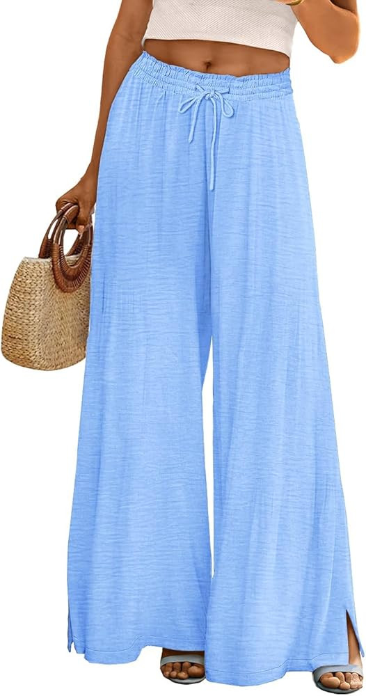 YESNO Women Summer Flowy Wide Leg Pants Drawstring Elastic Waist Casual Lounge Beach Palazzo Trou... | Amazon (US)