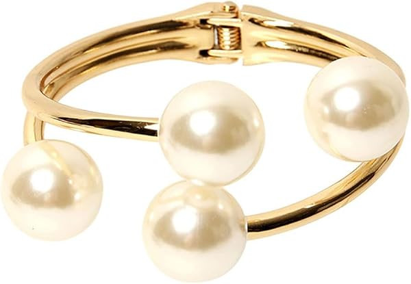 Pearl Bangle Bracelet for Women Chunky Pearls Gold Bangle Opened Bracelet Minimalist Cuff Bracele... | Amazon (US)