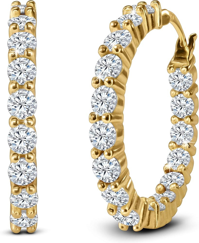 14k Gold Plated Sterling Silver Hoop Earrings For Women Filled With CZ Stones | Hypoallergenic Hu... | Amazon (US)