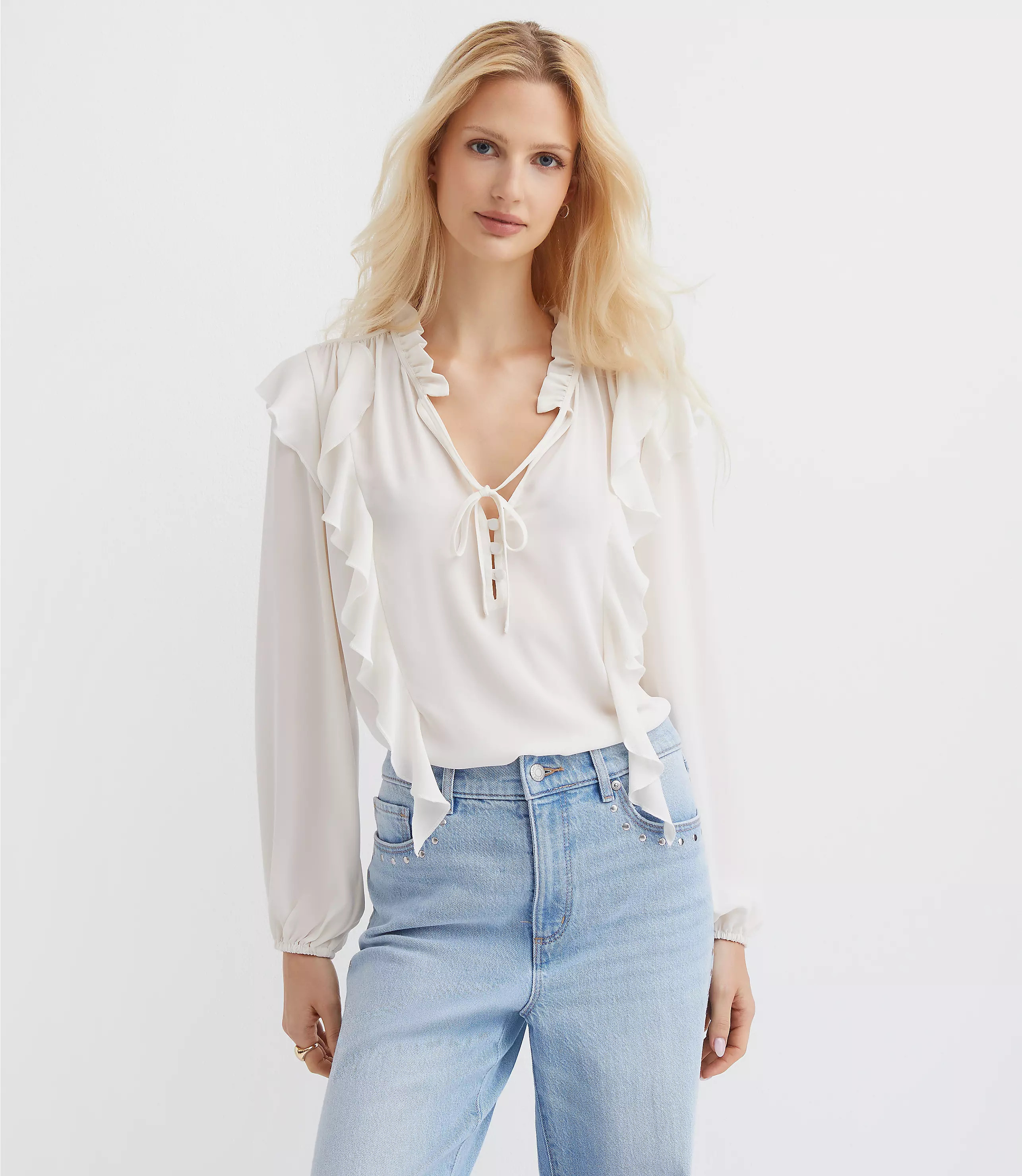 Ruffle Button Tie Neck Blouse | LOFT