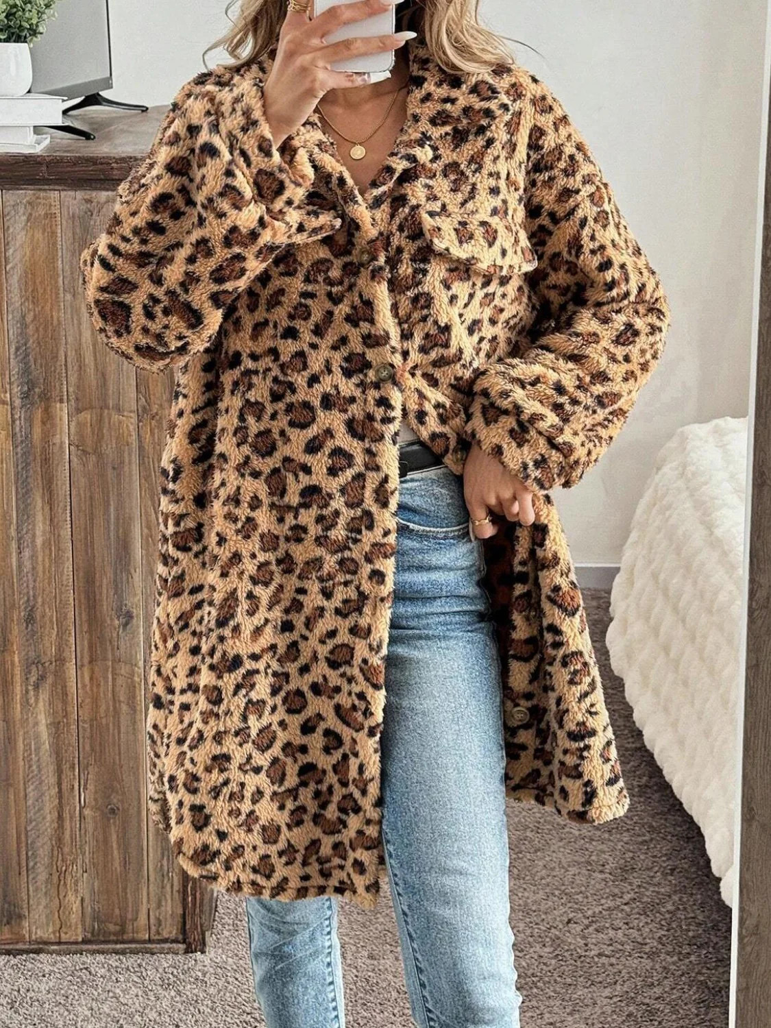 Leopard Button Up Long Sleeve Fuzzy Coat Leopard / S | Casual Chic Boutique