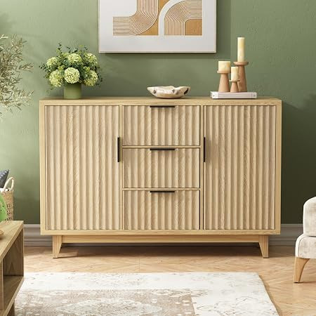 47.2" W Storage Cabinet with 3 Drawers, Fluted Buffet Cabinets with Storage, Large Sideboard with... | Amazon (US)