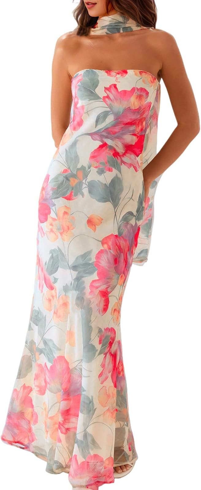 Womens Floral Strapless Dress Y2k Backless with Scarf Tube Maxi Long Dresses Sexy Mesh Bodycon Be... | Amazon (US)